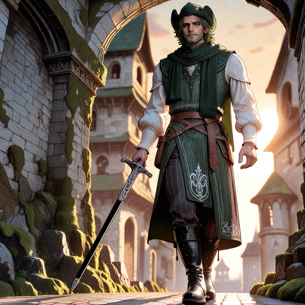 Full Body, Dark Green Robinhood Hat, Moss Green Long Scarf Porno IA Gay