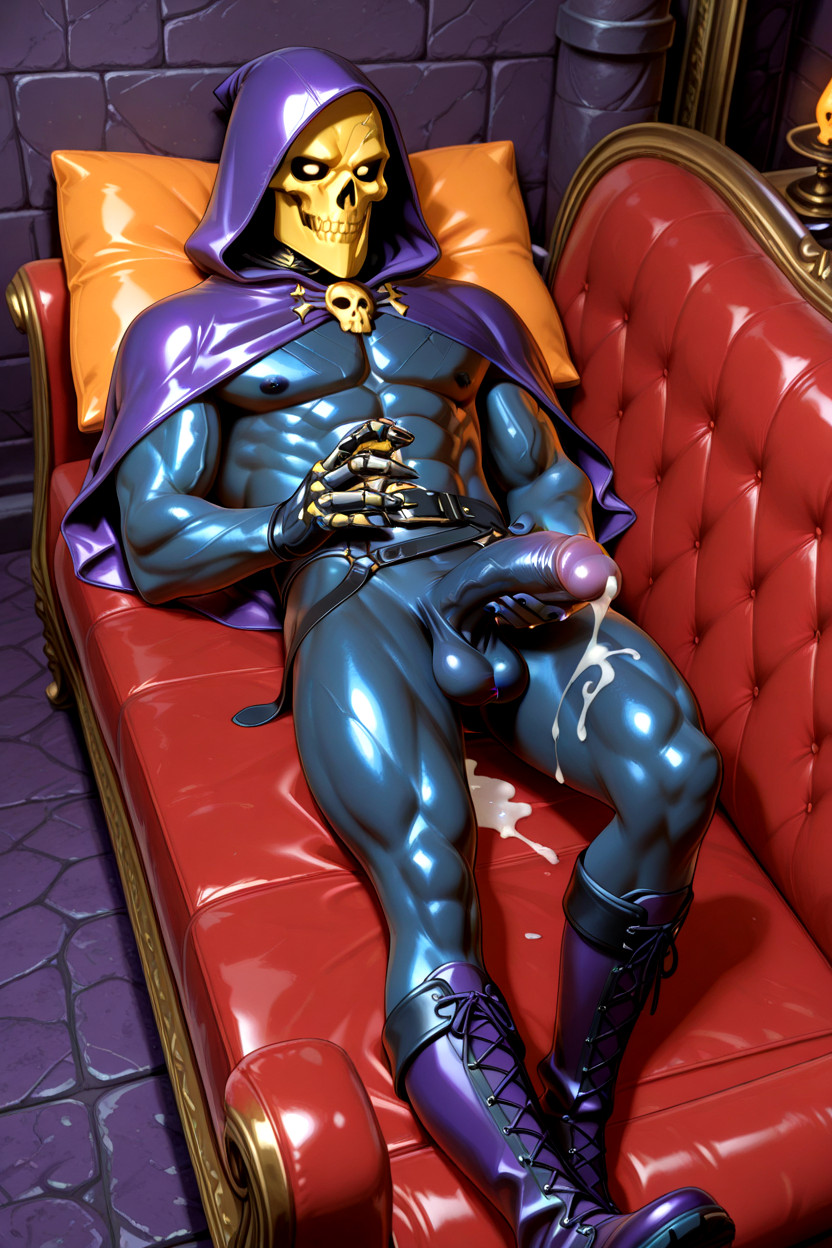 Leather Couch At The Bottom One End Is Open No Armrest, Cock With Precum, Skull And His Muscles Of His Body Is Smooth And Soft Porno IA Gay