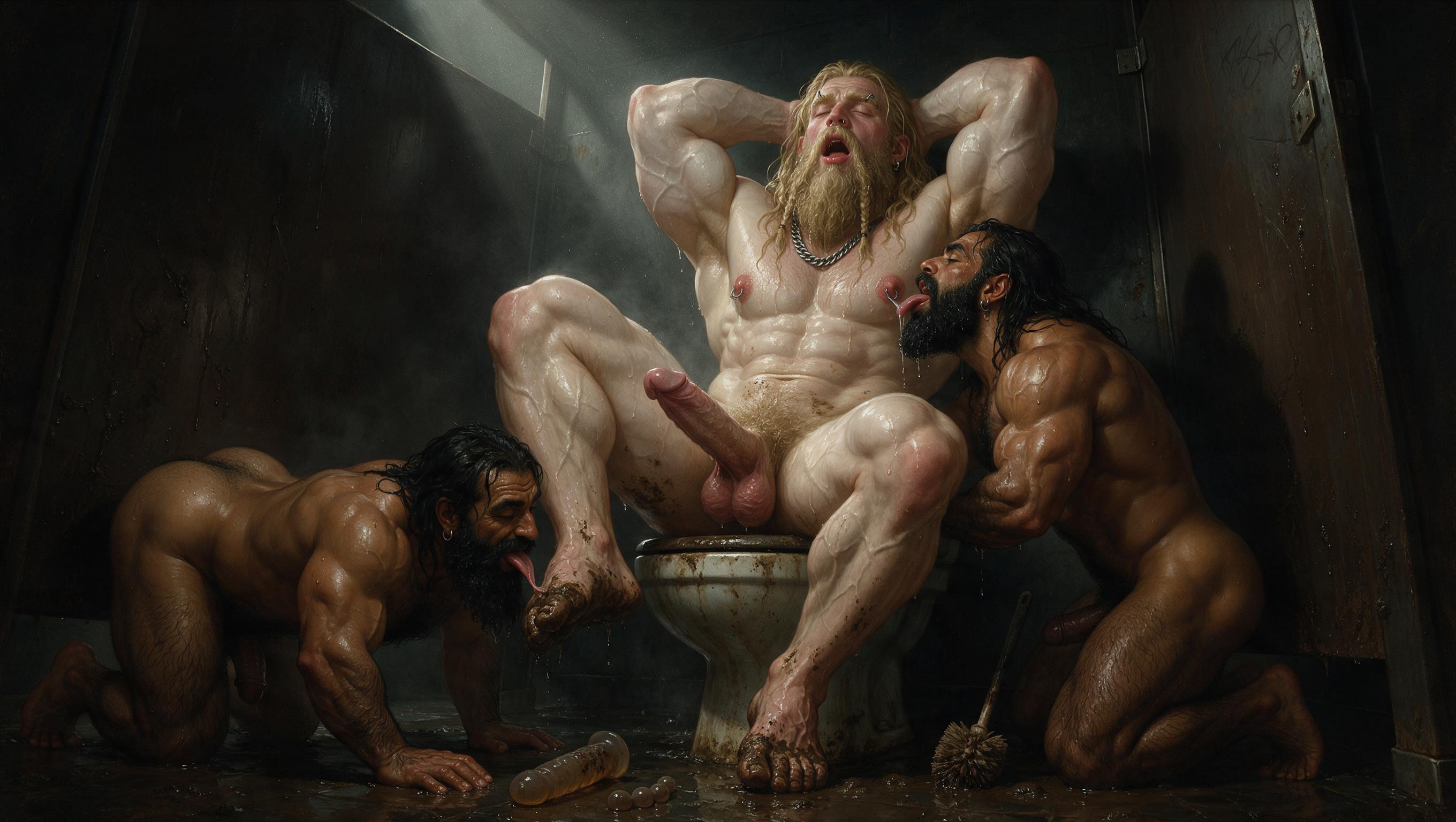 Norse Man Has Hyper Monster Thick Long Penis And Hyper Huge Balls, Vue De Côté, Blond Long Hair Porno IA Gay