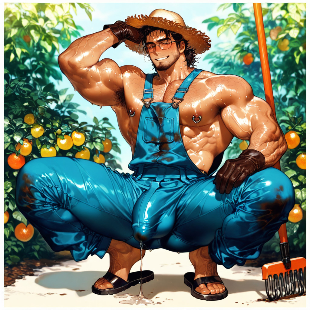 Gentle Smile, Holding Long Rake Between His Thighs, Rake As Stripper Pole Porno IA gay