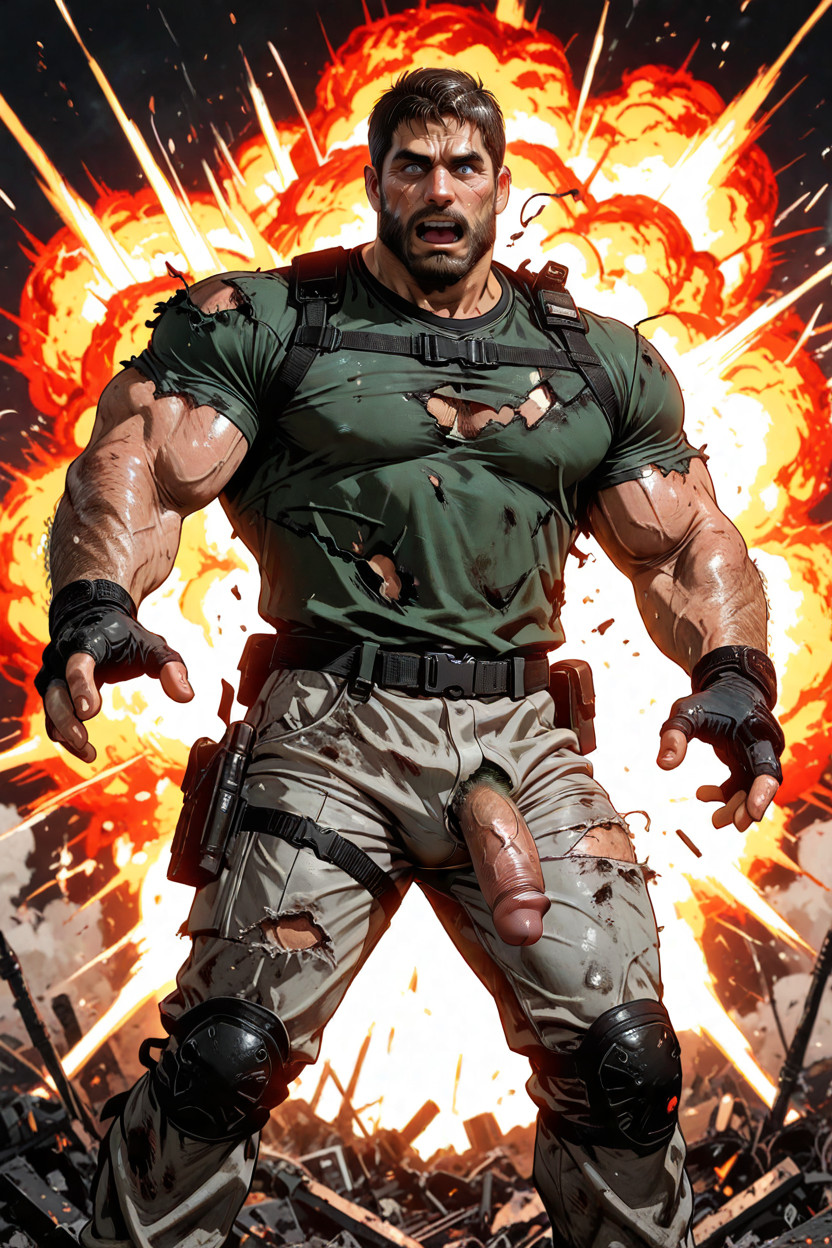 Dynamic Explosion Behind, Clothes Completely Ripped By An Explosion, Sharped Masculine Jaw Porno gay IA