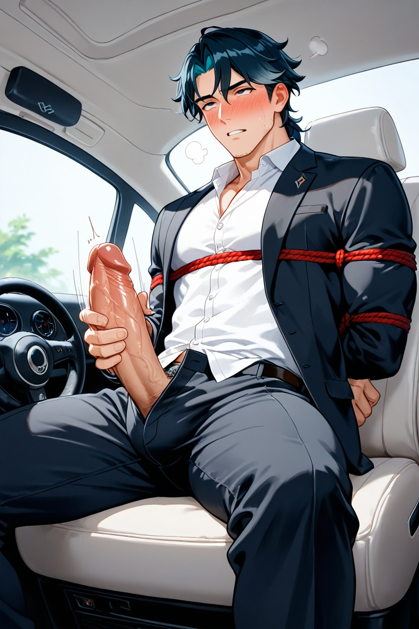 Revealing His Large Penis, A Hand Without Body Masturbating Him, Only A Person 同性戀AI成人