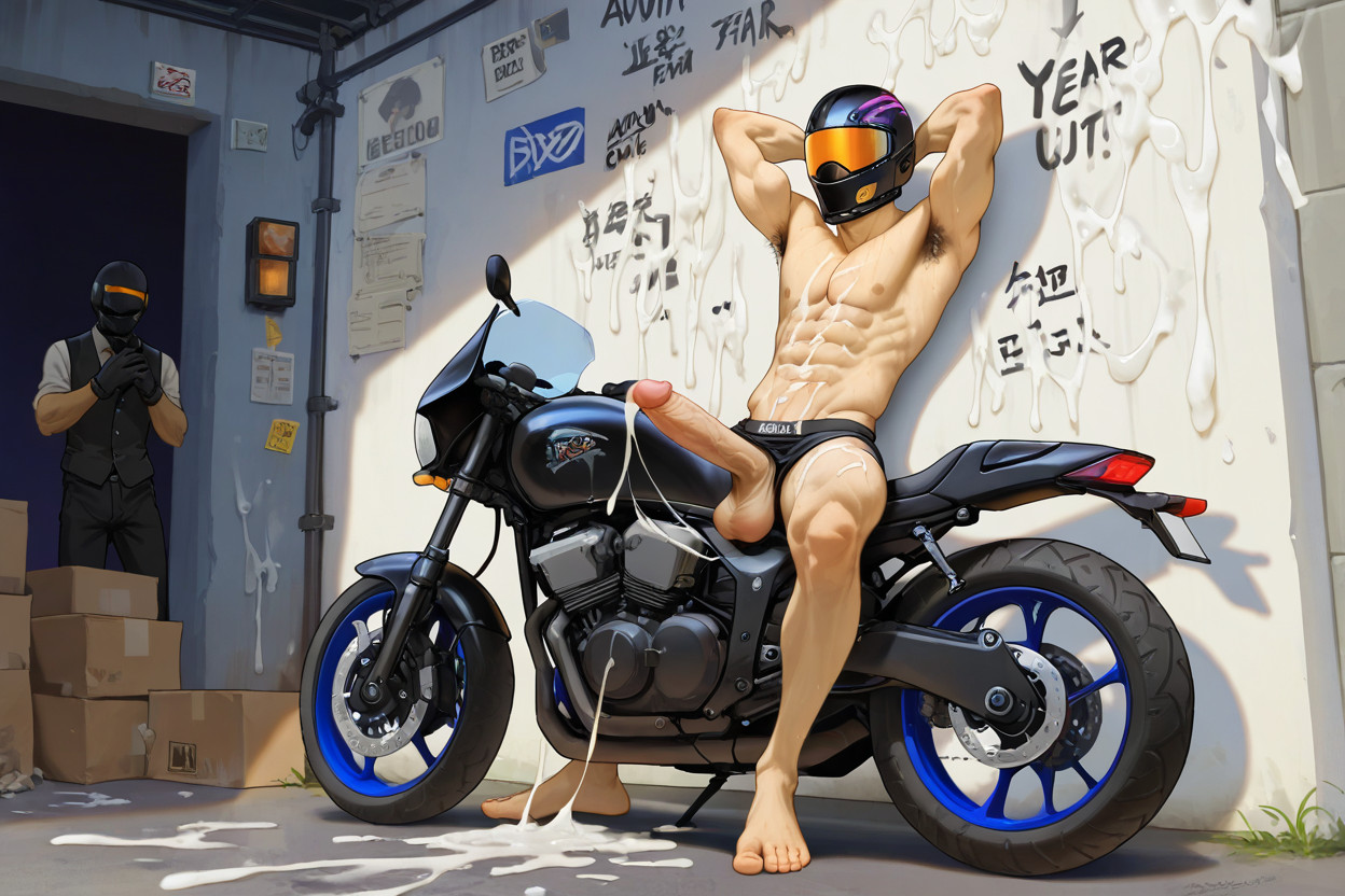 侧视图, Black Biker Gear, Naked Penis 同性恋AI色情